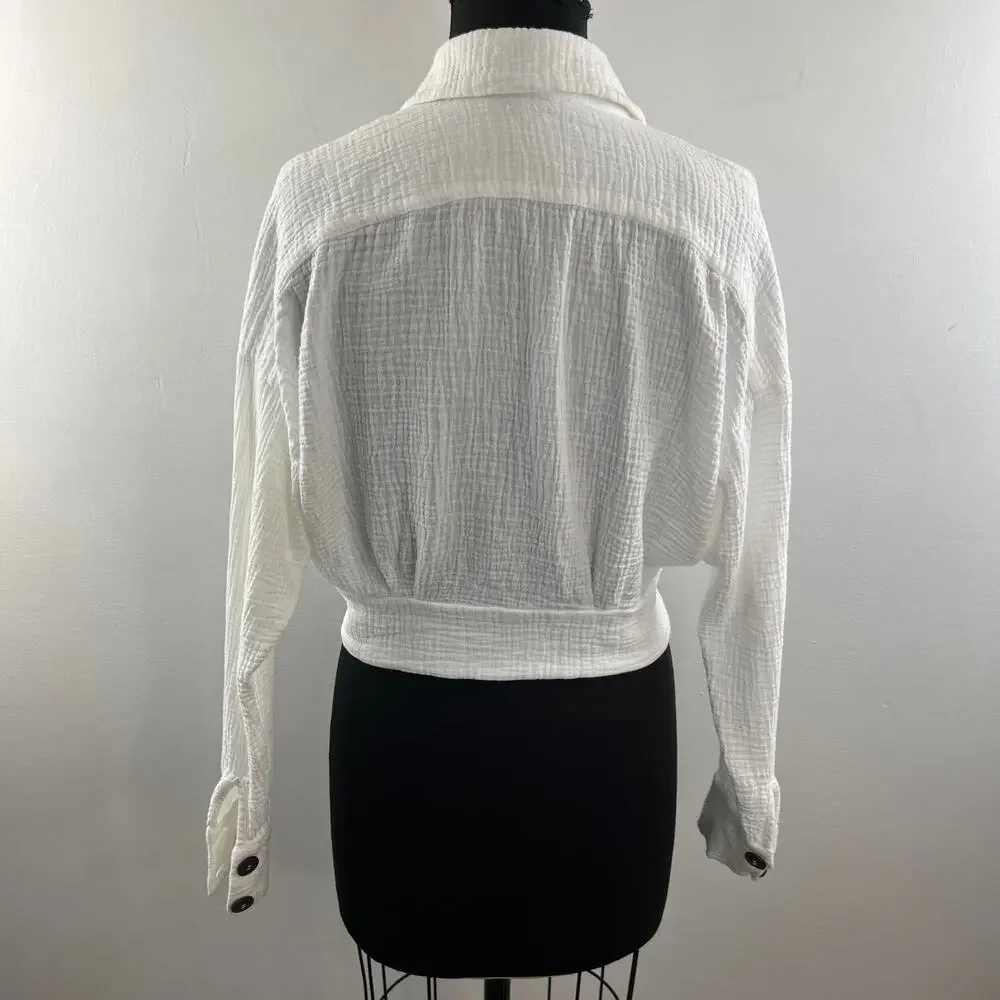 FREE PEOPLE White Cotton Sunstreaks Tie Front Long Sleeve Button-Down Top M?